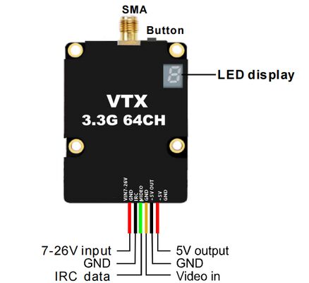 3.3GHz 4W analoge videotransmitter met lange afstand 64CH VTX voor stabiele draadloze beeldoverdracht